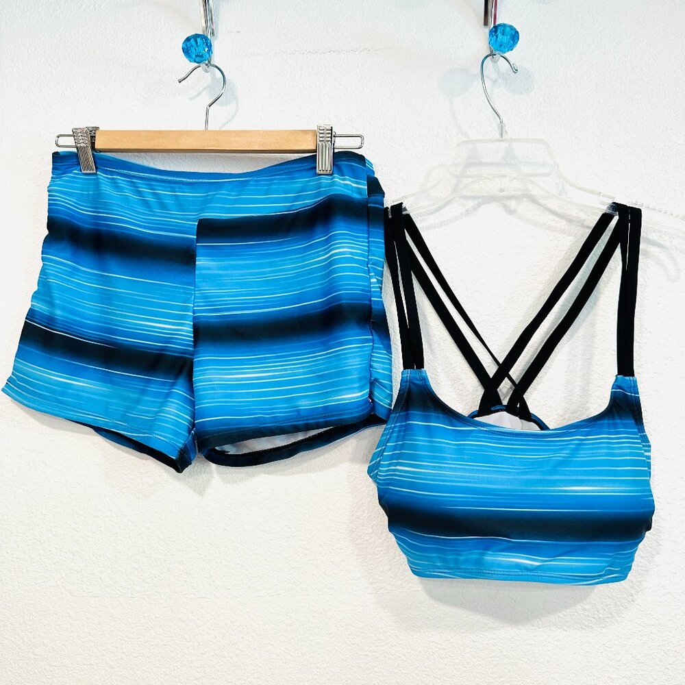 2 Pc Swimsuit Blue Striped Strappy Top Boy Shorts Removable Padding Womens Large